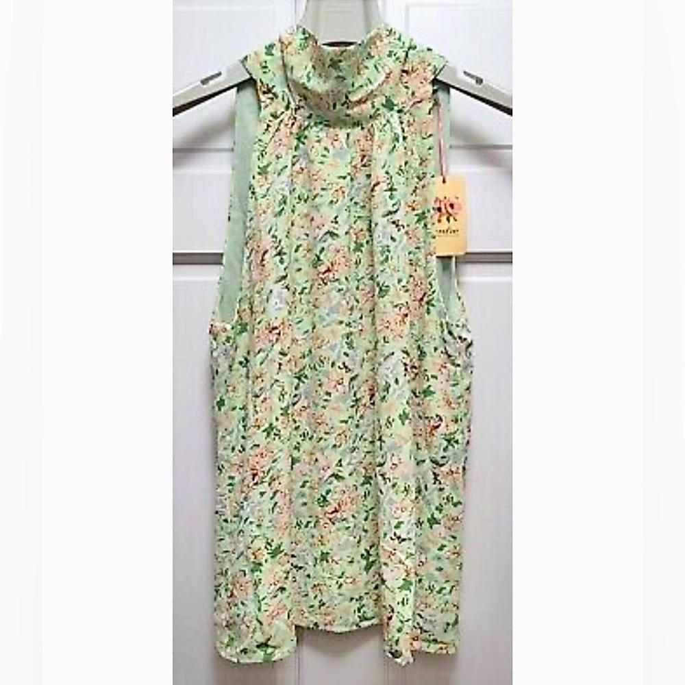 Entro Mock Neck Halter Sleeveless Blouse - Mint Green Floral - Medium